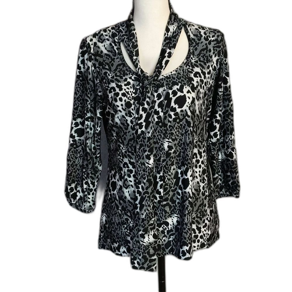 Isabella Rodriguez Gray Black Animal Print Stretch Blouse with attached Scarf M